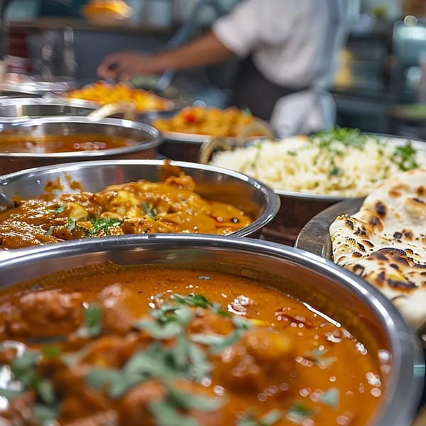 Zaika Indian Bistro Bar's buffet with various Indian curries, rice, and naan bread.