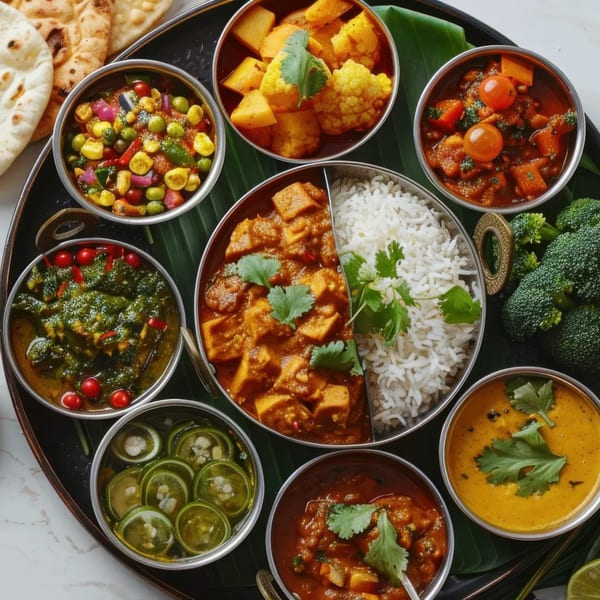 A Zaika Indian Bistro Bar thali with various curries, rice, naan, and pickled jalapeños.