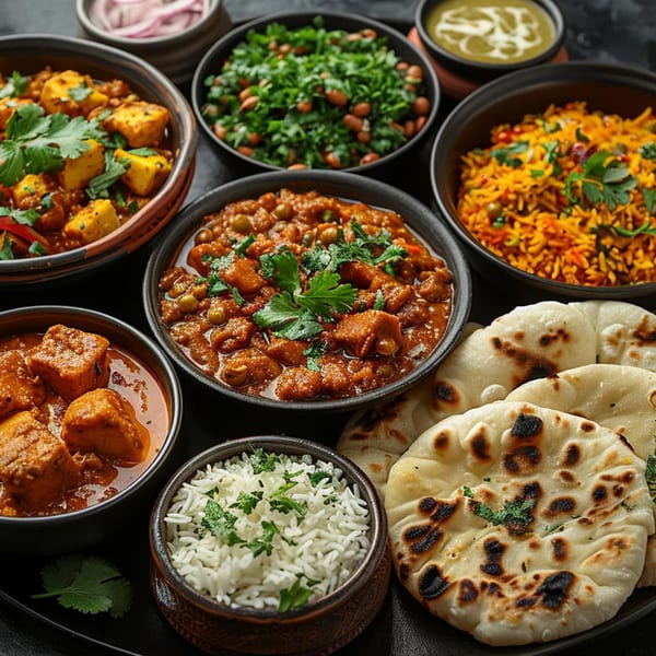 A vibrant spread of Indian dishes including curries, rice, naan bread, and a side of salad.